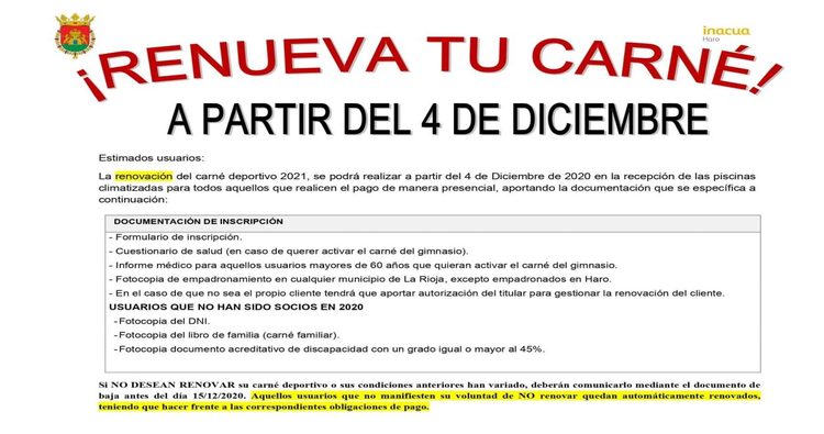 El 4 de diciembre se abre el plazo de renovación del carné deportivo